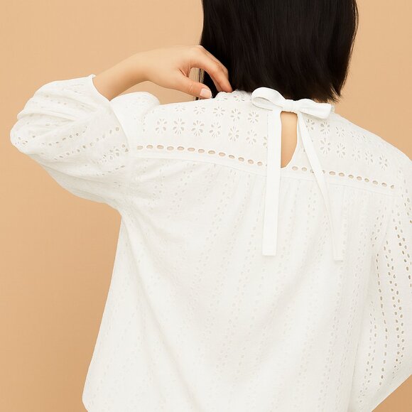 J. Crew | High Neck Long Sleeve White Eyelet Blouse | Size Medium - Picture 2 of 16